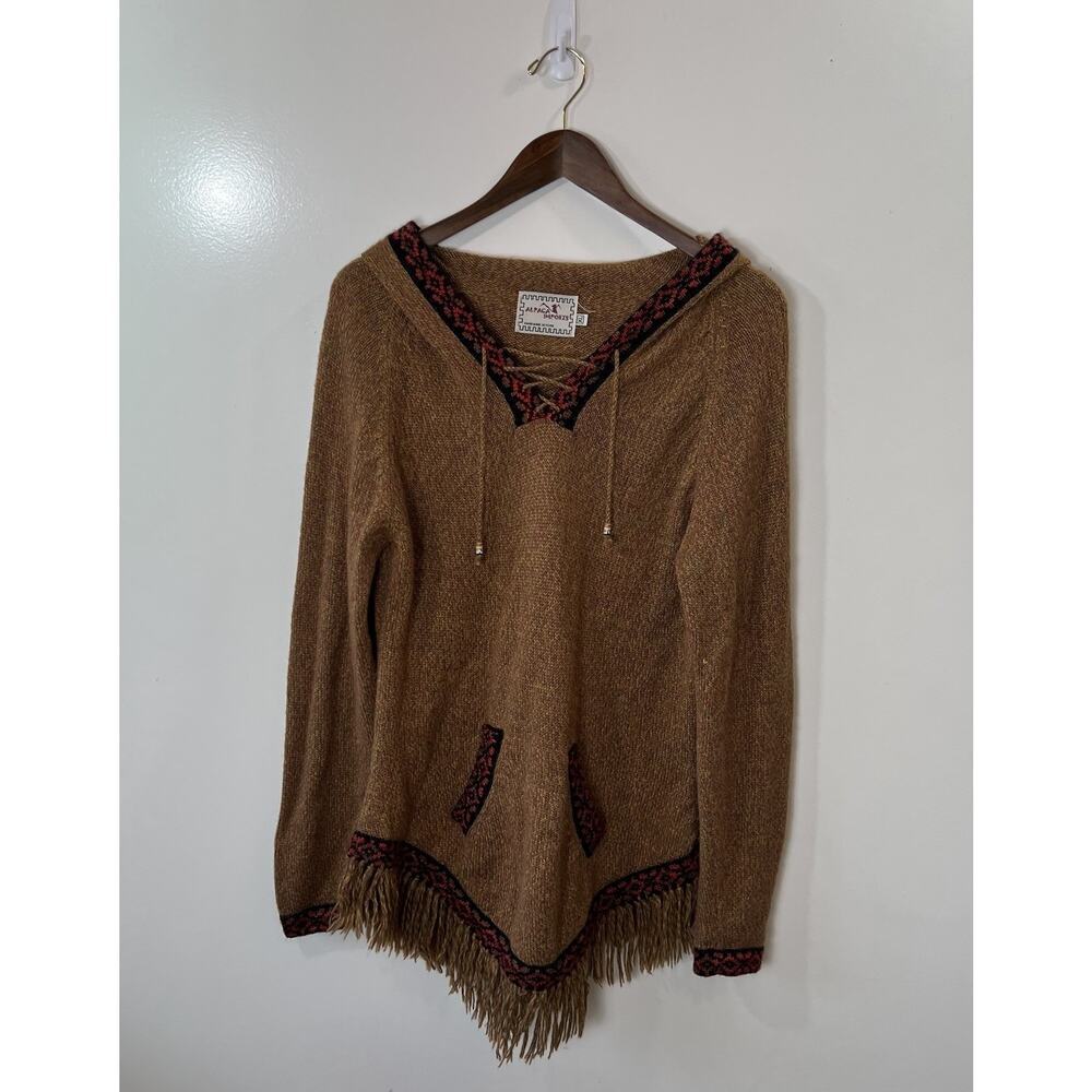 Alpaca Imports Womens Alpaca Blend Hooded‎ Tunic Sz XL Brown Multicolor Handmade